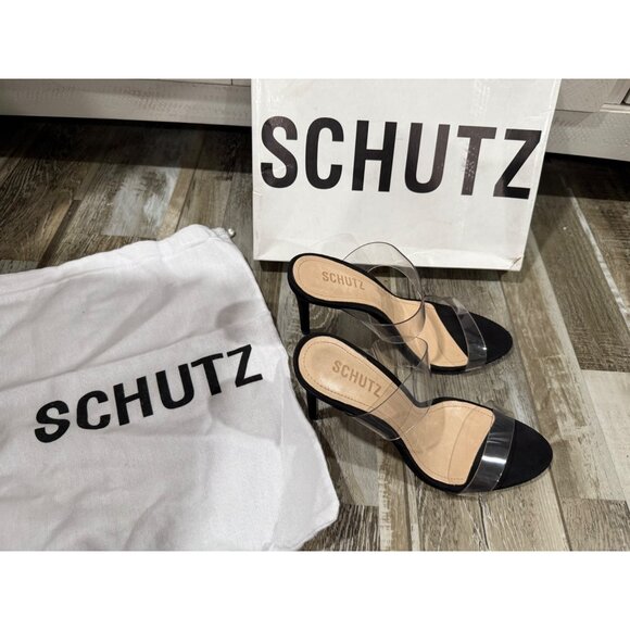 Schutz Anella Vinyl & Suede Clear Strap Heels Size 8.5B Black with Dust Bag - Picture 1 of 5